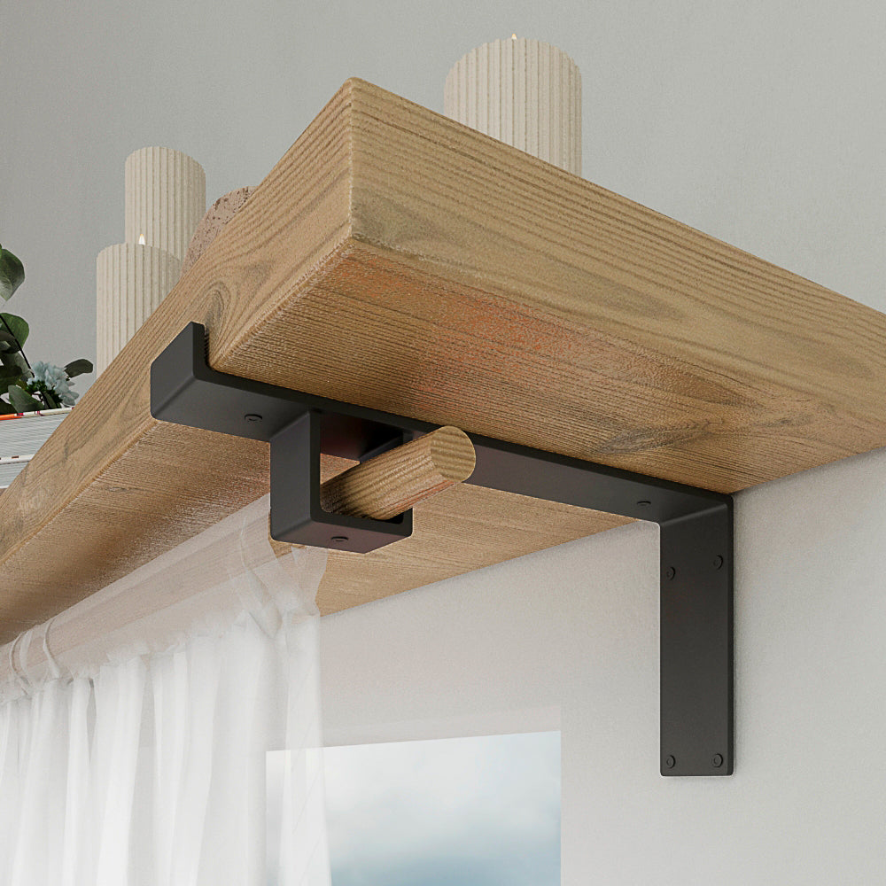 Shelf Bracket with Curtain Rod Holder: Steel Wall Support (Sold Individually)