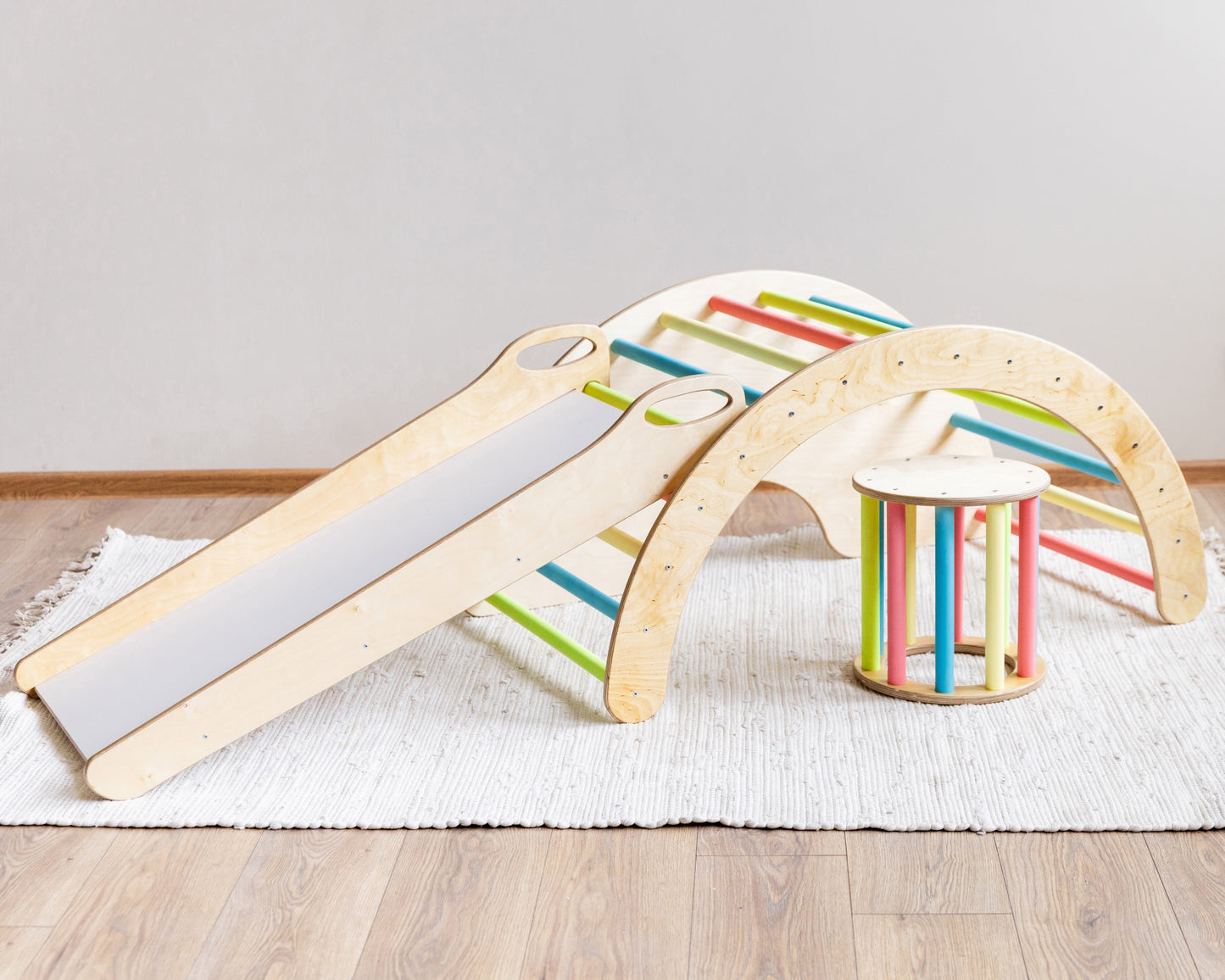 Kids Arch Rocker, Learning Table Set, Rainbow Montessori Toddler Climbing Arch, Play Castle, Swinging, Kids stool, 4in 1 Activity Set